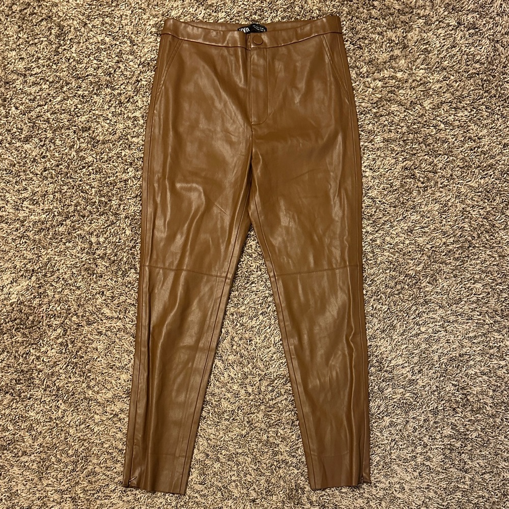 Zara Faux Leather Pants Size Large Brown Tan